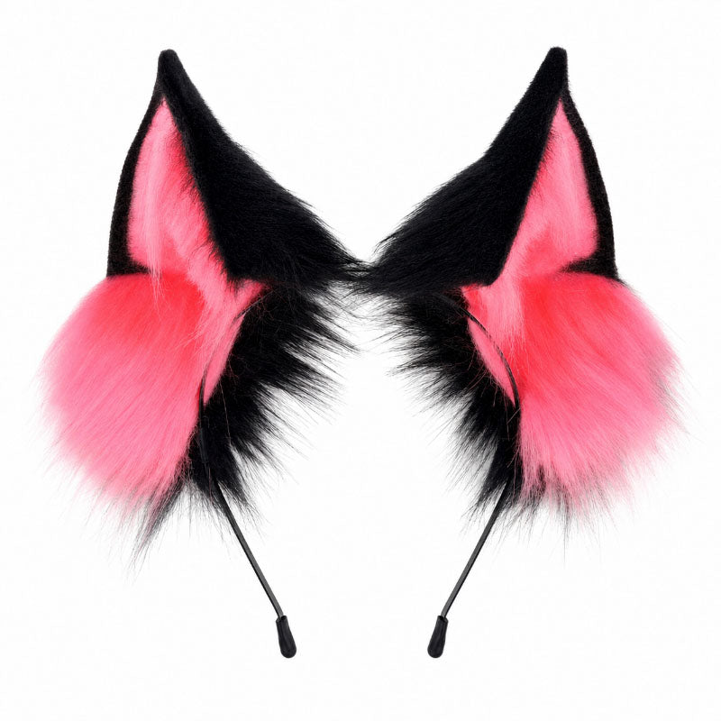 Haarreifen Fell-Fuchsohren schwarz und pink/hellblau