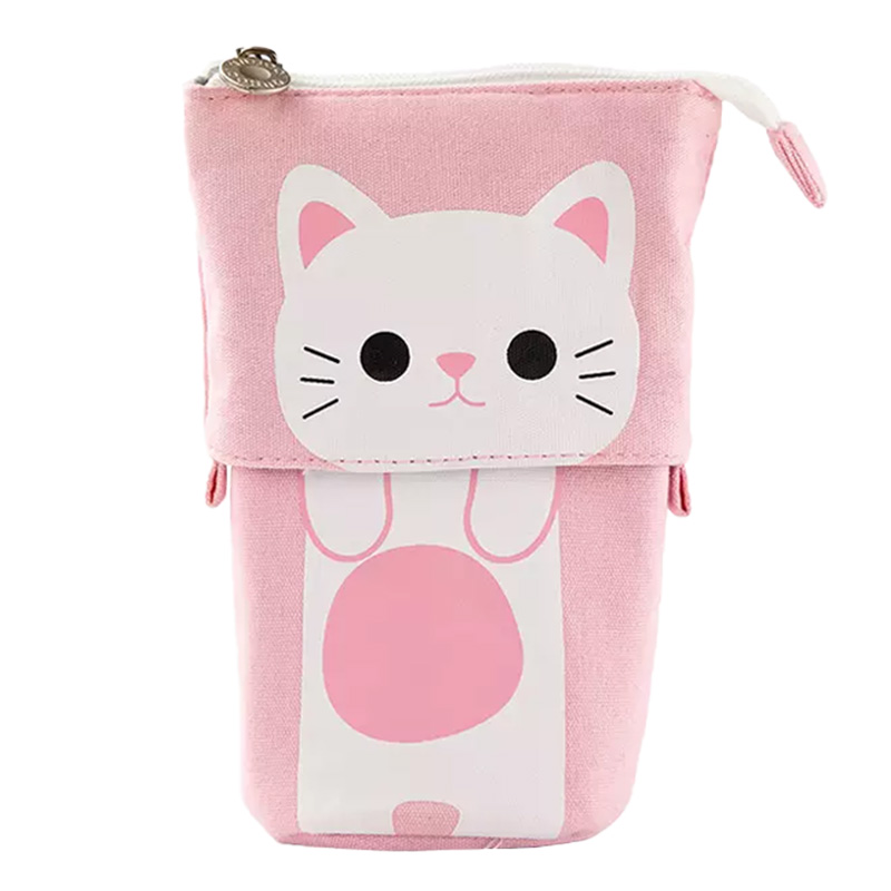 FP-22-001-rosa Rosafarbenes Federpenal mit einer weißen stehenden Katze.