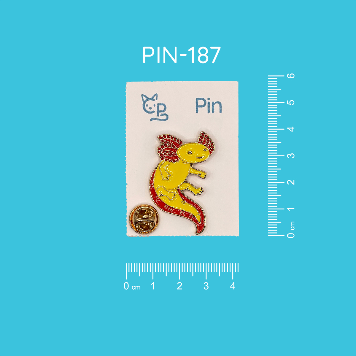 Pin mit dem Motiv eines rot-gelben Axolotls.