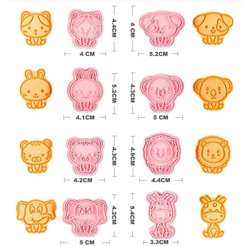 8 verschiedene tierförmige Keksausstecher sind jeweils neben einem Keks abgebildet, der mit diesem Ausstecher gemacht wurde.