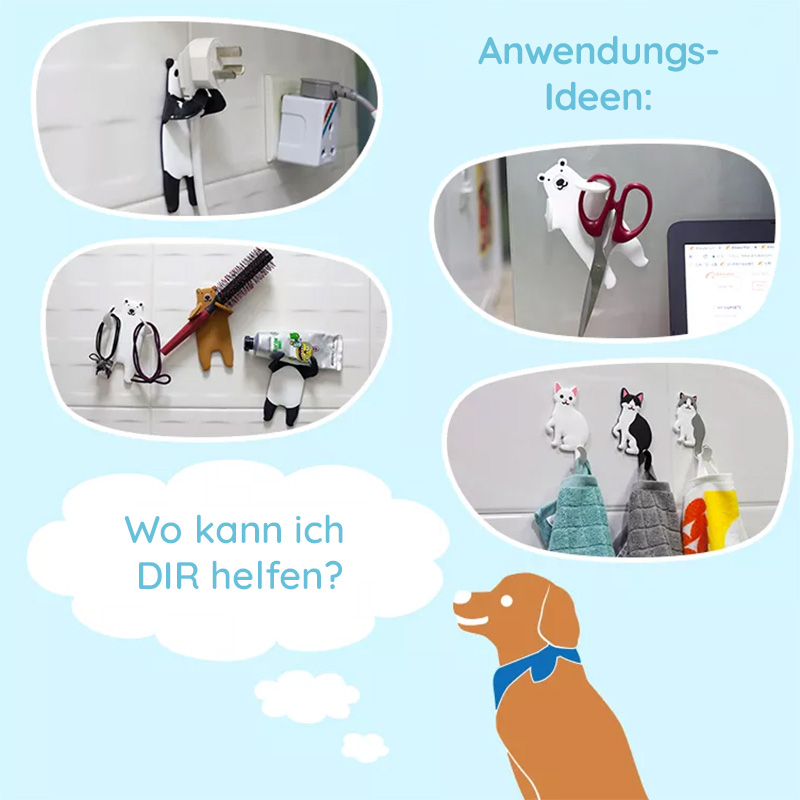 WG-22-007_01 Es werden unterschiedliche Anwendungsideen der Silikonhaken aufgezeigt. Man kann Kabel, Schreibutensilien oder Topflappen daran aufhängen.