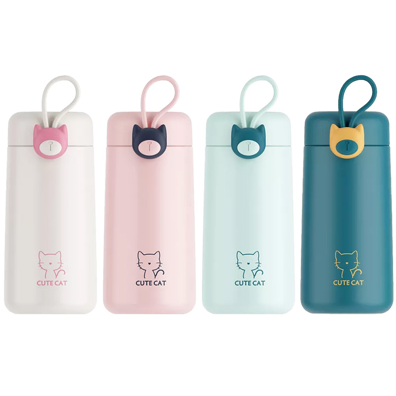 ThermoP0s2Z1D2ZbQNZ 4 Thermoskannen mit Katzenmotiven und -verschlüssen in verschiedenen Farben.