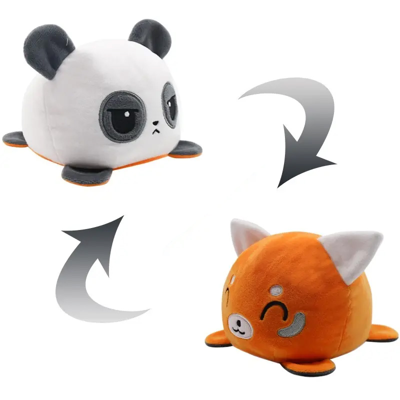 Wende Plüschtier ca. 13cm Zwei Ansichten eines Panda-Wende-Plüschtiers. Auf einer Seite ist es ein roter Panda und schaut glücklich, auf der anderen ist es ein schwarz-weißer Panda und schaut grimmig.