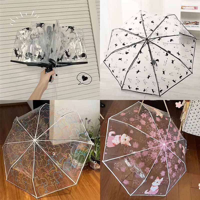 Automatik-Regenschirm transparent mit Katzen