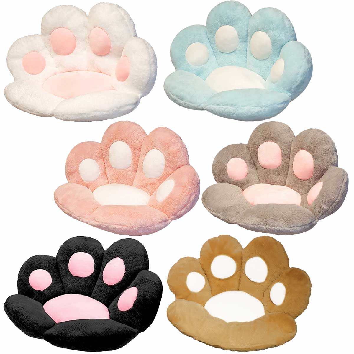 4 plüschige Sitzkissen in Tierpfoten-Form in den Farben weiß, rosa, braun oder blau.