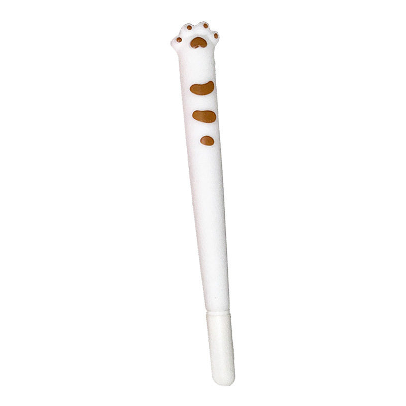 Stifte-Pfoten_1 Stift in Katzenpfotenform. Der Stift ist weiß und hat ein TIgerstreifenmuster in hellbraun.