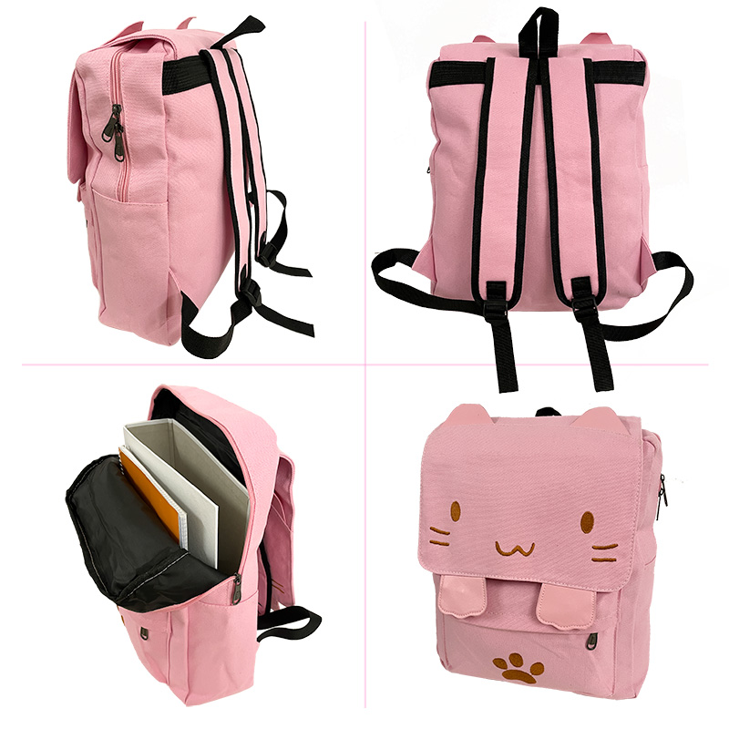 Verschiedene Ansichten eines pinkfarbenen Katzenrucksacks.