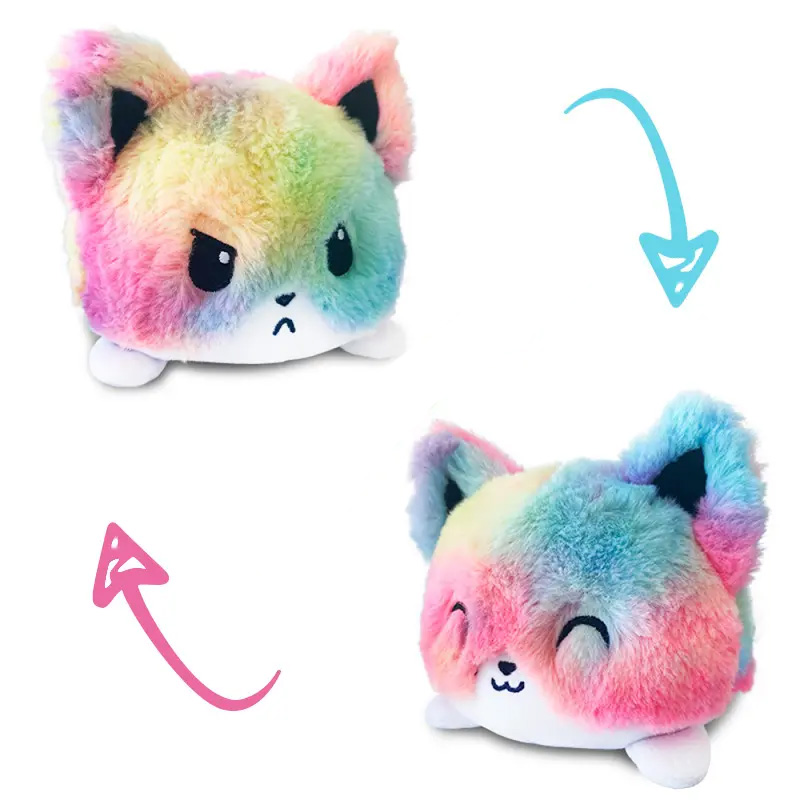 Zwei Ansichten eines Katzen-Wende-Plüschtiers. Es ist regenbogenfarben. Auf einer Seite schaut es glücklich, auf der anderen grimmig.