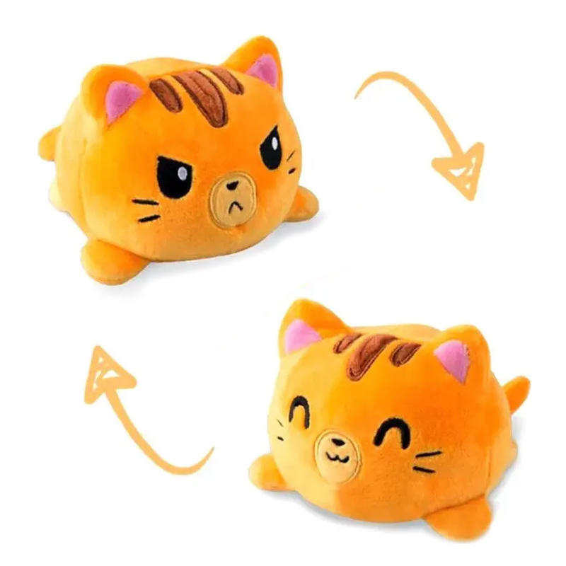 Zwei Ansichten eines Katzen-Wende-Plüschtiers. Es ist orange-getigert. Auf einer Seite schaut es glücklich, auf der anderen grimmig.