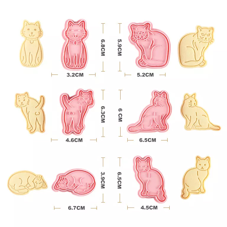 6 verschiedene Katzen-Keksausstecher mit verschiedenen Positionen sind jeweils neben den Keksen abgebildet, die mit diesen Ausstechern gemacht wurden.