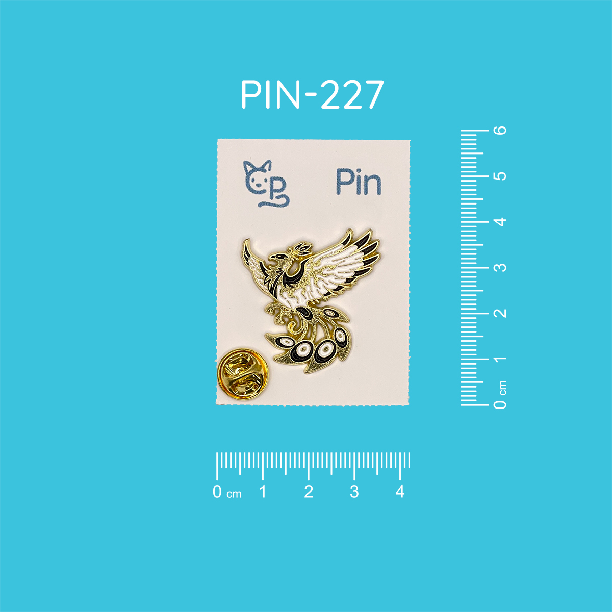 Goldener Pin mit dem Motiv eines schwarz-weißen Phönix.