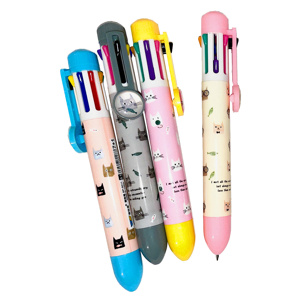 Stifte-10fachJyOQ3RP4rYVqB Vier 10-fach-Kugelschreiber mit Katzenmotiven in den Farben blau, grau, gelb oder rosa.
