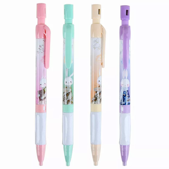 Stifte-Hasen_2l0veJR60qdtTm 4 Druckbleistifte mit Hasenmotiven in den Pastellfarben rosa, mint, gelb oder lila.