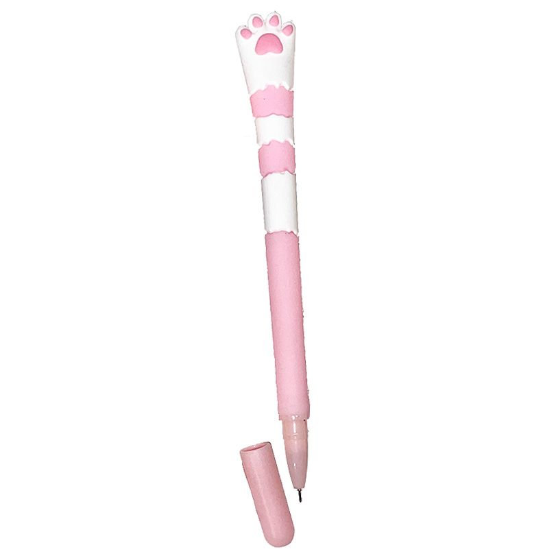 Stifte-Pfoten_5 Stift in Katzenpfotenform. Der Stift ist weiß und hat zwei breite Streifen in rosa.
