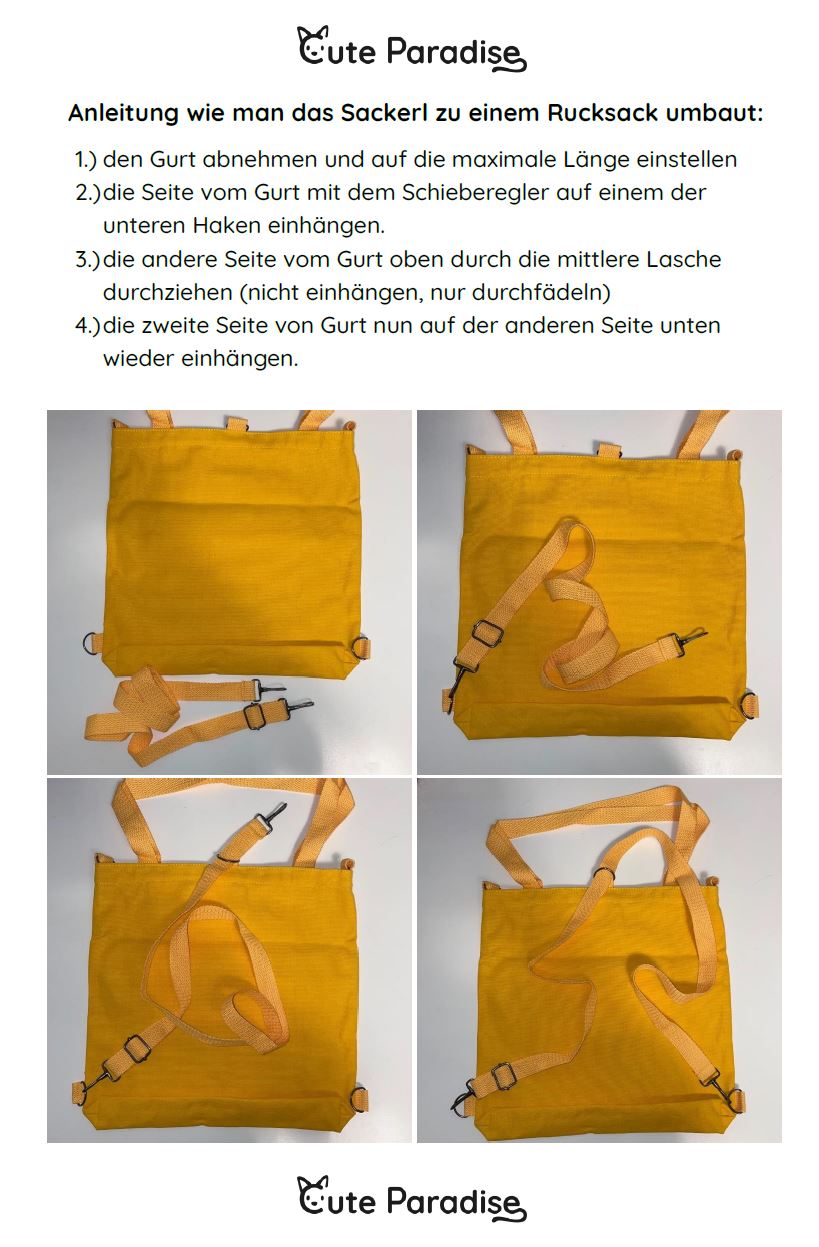 Eine Anleitung beschreibt, wie man die Cute Paradise Sackerl zu einem Rucksack umbauen kann.