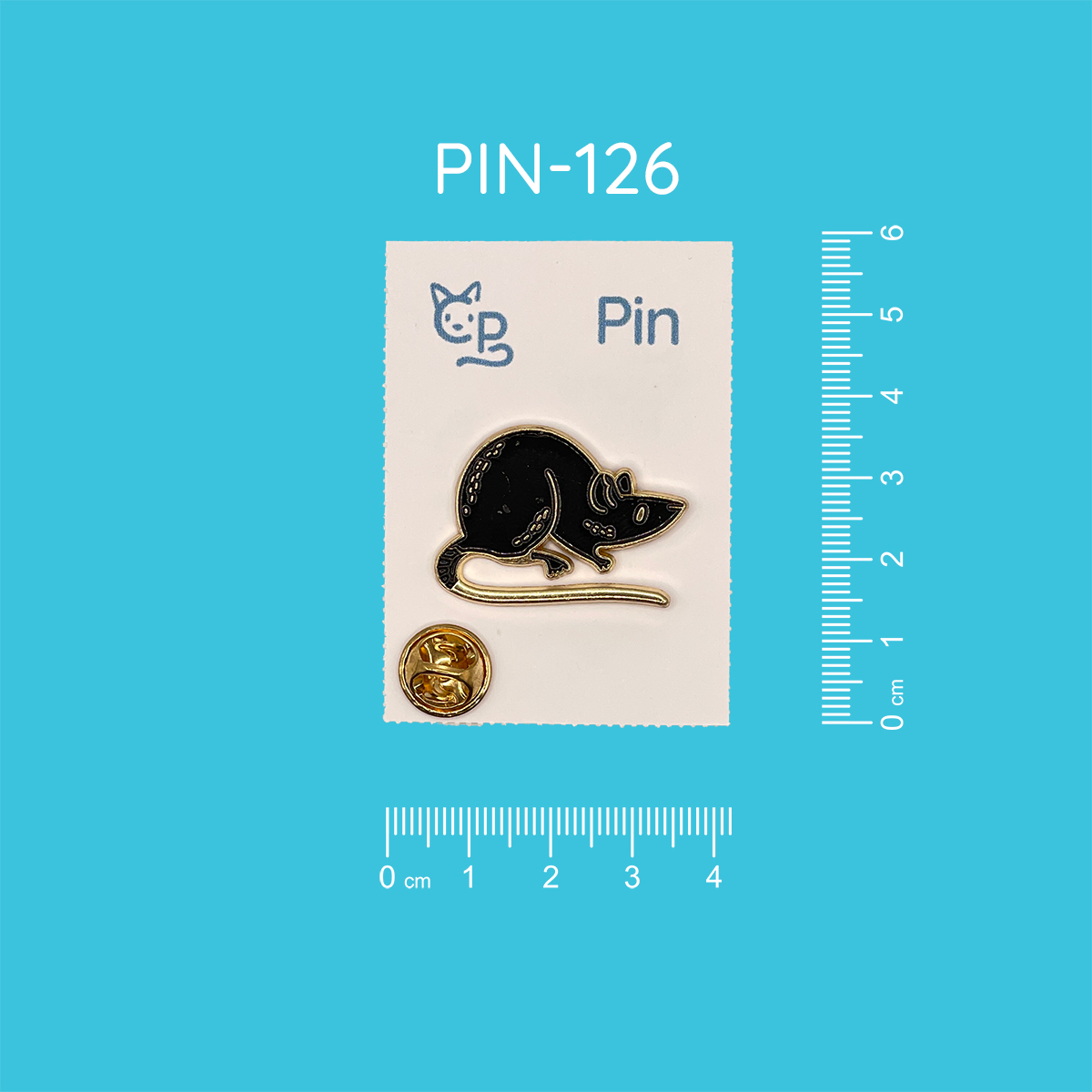 Pin mit dem Motiv einer schwarzen Ratte.