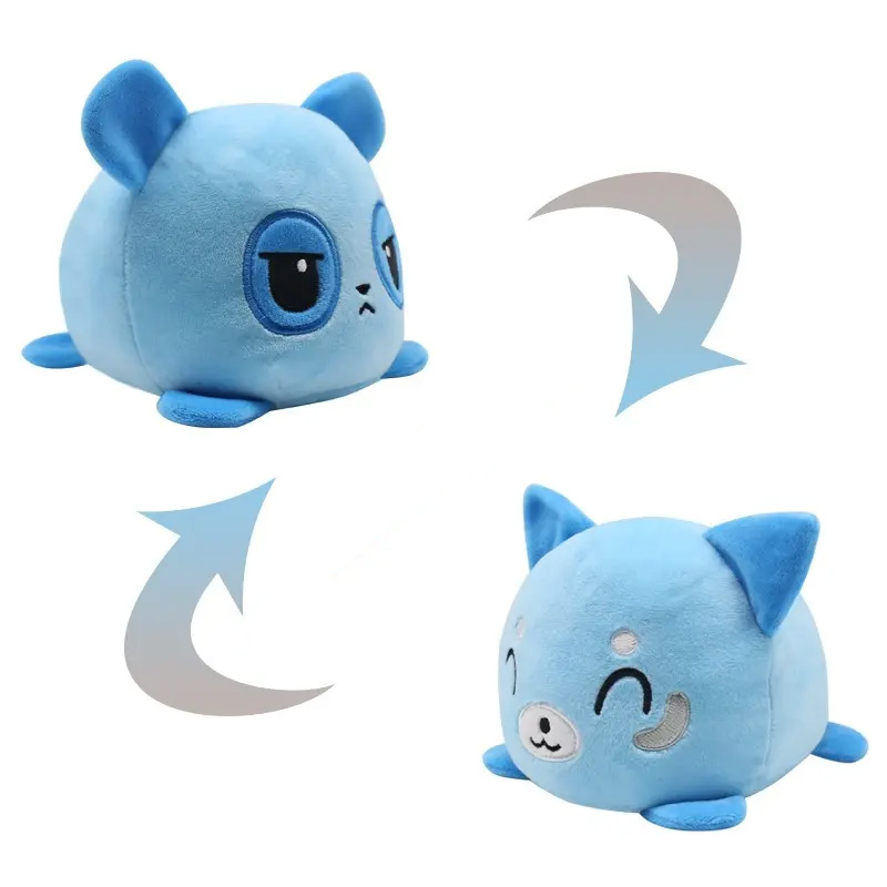 Zwei Ansichten eines blauen Panda-Wende-Plüschtiers. Auf einer Seite schaut es glücklich, auf der anderen grimmig.