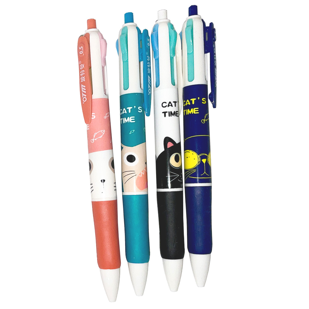 Stifte-4fachRFYRNEzojet5u 4 Kugelschreiber mit jeweils 4 verschiedenfarbigen Minen. Sie haben unterschiedliche Katzenmotive und es gibt die Farben lachs, türkis, weiß und schwarz.