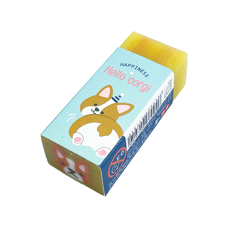 SZ-22-001-2 Rechteckiger gelber Radierer mit Corgi-Hundemotiv in Papierhülle.