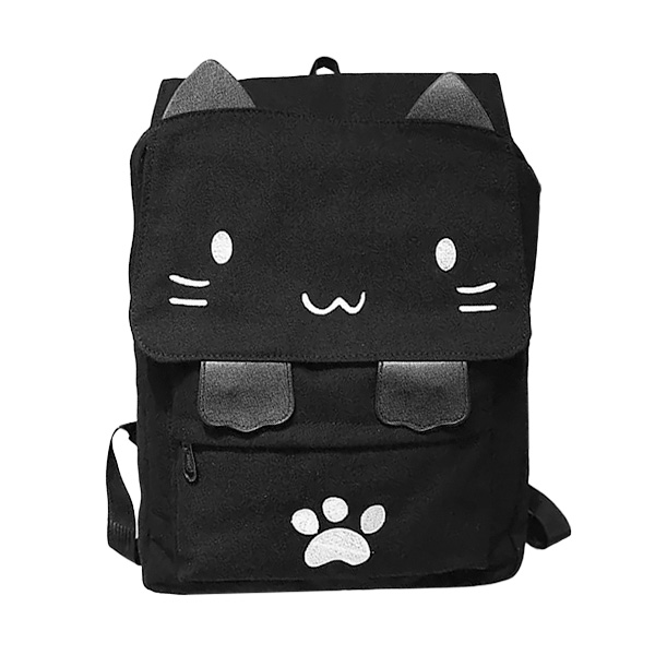 Ein schwarze Rucksack, dessen Lasche die Form eines Katzenkopfes hat. Die Details des Katzengesichts sind in weiß aufgemalt.